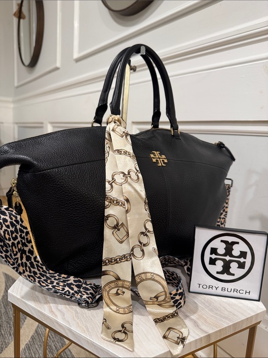 Tory Burch Handbags - Tory Burch Bag Ivy Slouchy Black Leather Satchel with Leopard Crossbody Strap